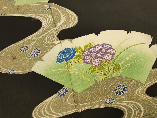 平和屋着物■アンティーク　黒留袖　両褄　流水地紙花文　暈し染め　正絹　逸品　AABI8475st