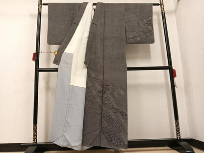 平和屋着物●江戸小紋　訪問着　鮫小紋柄　青海波　黒地　鬼しぼ縮緬　正絹　逸品　AABI8481ph