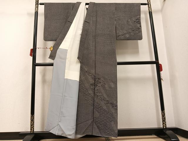 平和屋着物●江戸小紋　訪問着　鮫小紋柄　青海波　黒地　鬼しぼ縮緬　正絹　逸品　AABI8481ph