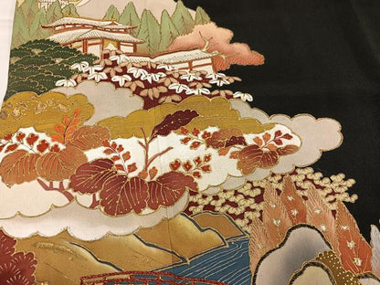 平和屋着物●豪華黒留袖　渡り橋風景草花文　金彩　正絹　逸品　AABI8483ph