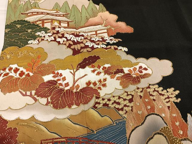 平和屋着物●豪華黒留袖　渡り橋風景草花文　金彩　正絹　逸品　AABI8483ph