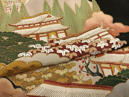 平和屋着物●豪華黒留袖　渡り橋風景草花文　金彩　正絹　逸品　AABI8483ph