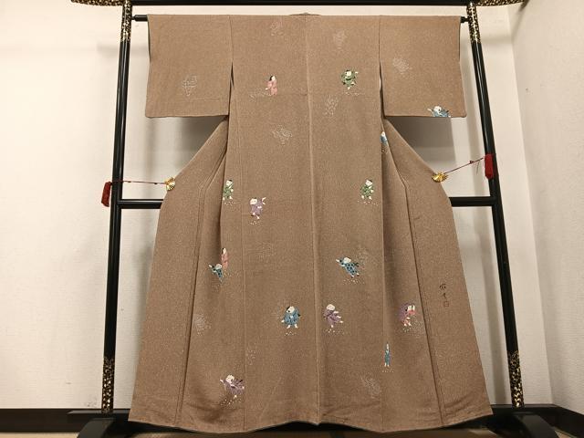 平和屋着物●訪問着　作家物　手描き　童子　鬼しぼ縮緬　正絹　逸品　AABI8487ph