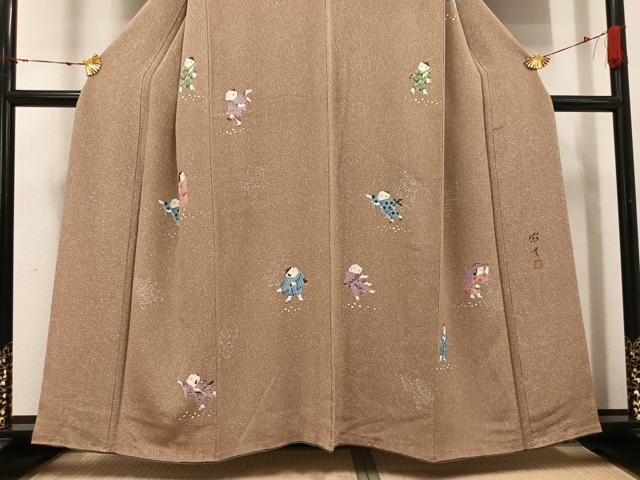 平和屋着物●訪問着　作家物　手描き　童子　鬼しぼ縮緬　正絹　逸品　AABI8487ph