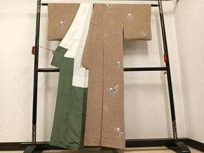 平和屋着物●訪問着　作家物　手描き　童子　鬼しぼ縮緬　正絹　逸品　AABI8487ph