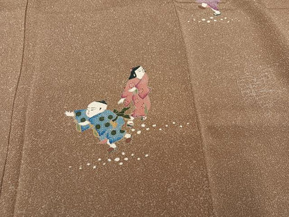 平和屋着物●訪問着　作家物　手描き　童子　鬼しぼ縮緬　正絹　逸品　AABI8487ph