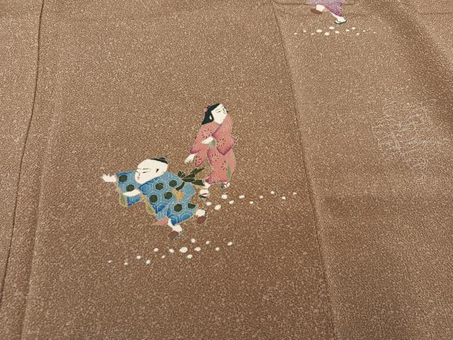 平和屋着物●訪問着　作家物　手描き　童子　鬼しぼ縮緬　正絹　逸品　AABI8487ph