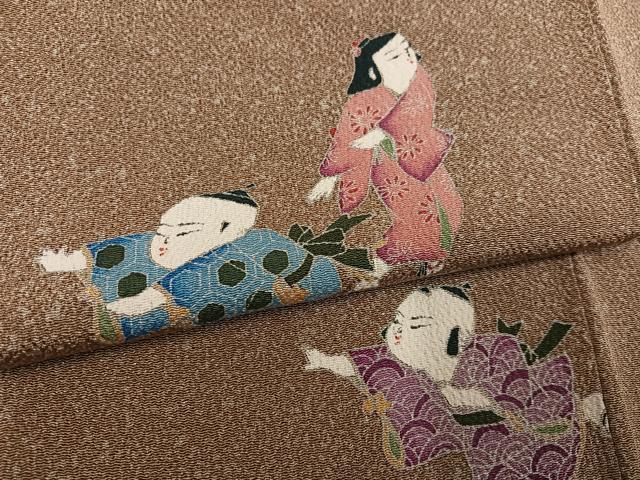 平和屋着物●訪問着　作家物　手描き　童子　鬼しぼ縮緬　正絹　逸品　AABI8487ph