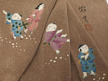 平和屋着物●訪問着　作家物　手描き　童子　鬼しぼ縮緬　正絹　逸品　AABI8487ph