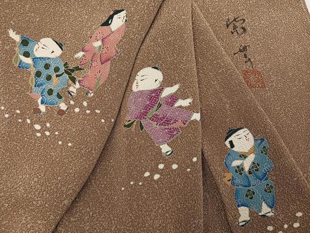 平和屋着物●訪問着　作家物　手描き　童子　鬼しぼ縮緬　正絹　逸品　AABI8487ph
