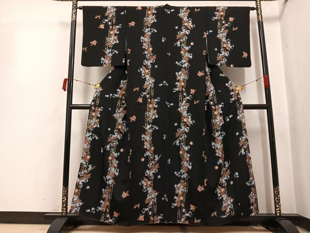 平和屋着物●上質な小紋　花筏文　黒地　金彩　正絹　逸品　AABI8496ph