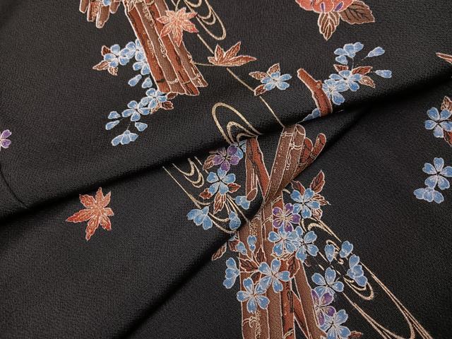 平和屋着物●上質な小紋　花筏文　黒地　金彩　正絹　逸品　AABI8496ph