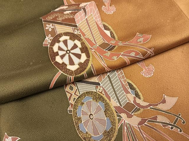 平和屋着物●訪問着　御所車地紙草花文　暈し染め　金彩　正絹　逸品　AABI8499ph
