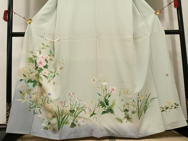 平和屋着物●訪問着　作家物　手描き　草花文　暈し染め　銀彩　正絹　逸品　AABI8500ph