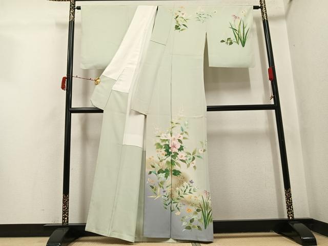 平和屋着物●訪問着　作家物　手描き　草花文　暈し染め　銀彩　正絹　逸品　AABI8500ph