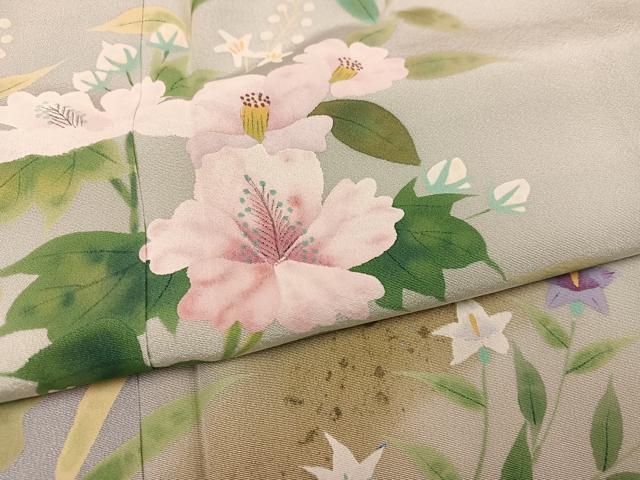 平和屋着物●訪問着　作家物　手描き　草花文　暈し染め　銀彩　正絹　逸品　AABI8500ph