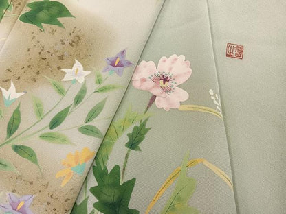 平和屋着物●訪問着　作家物　手描き　草花文　暈し染め　銀彩　正絹　逸品　AABI8500ph