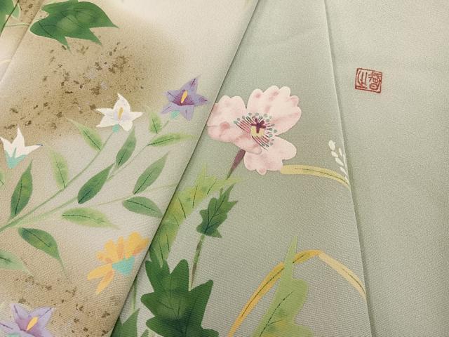 平和屋着物●訪問着　作家物　手描き　草花文　暈し染め　銀彩　正絹　逸品　AABI8500ph