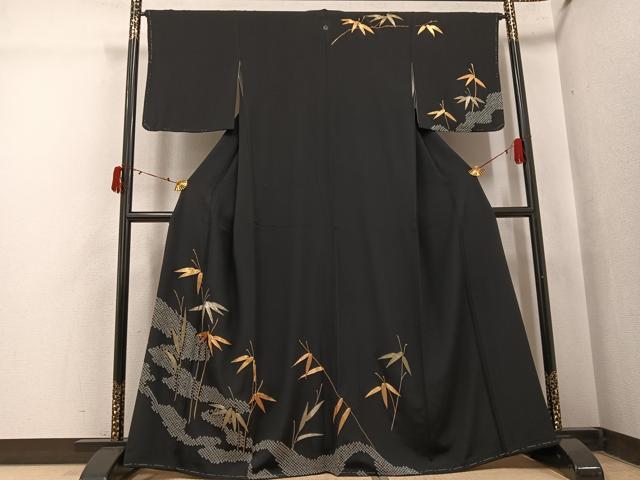 平和屋着物●訪問着　駒刺繍　絞り　笹文　黒地　金銀糸　正絹　逸品　AABI8521ph