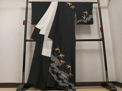 平和屋着物●訪問着　駒刺繍　絞り　笹文　黒地　金銀糸　正絹　逸品　AABI8521ph