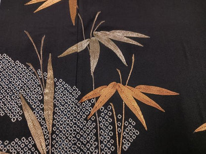 平和屋着物●訪問着　駒刺繍　絞り　笹文　黒地　金銀糸　正絹　逸品　AABI8521ph