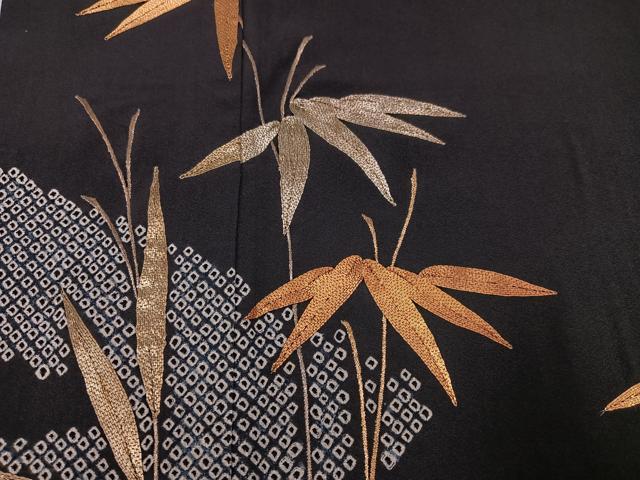 平和屋着物●訪問着　駒刺繍　絞り　笹文　黒地　金銀糸　正絹　逸品　AABI8521ph