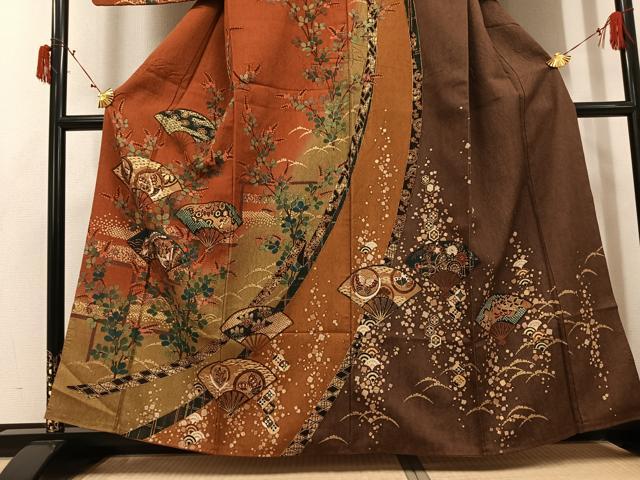 平和屋着物●訪問着　扇面花鳥舞蝶文　暈し染め　金彩　正絹　逸品　AABI8523ph