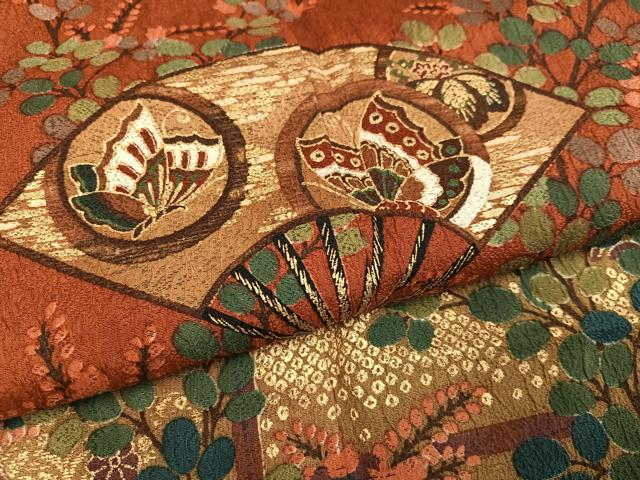 平和屋着物●訪問着　扇面花鳥舞蝶文　暈し染め　金彩　正絹　逸品　AABI8523ph