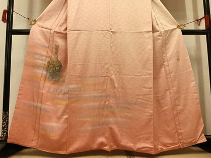 平和屋着物●人間国宝　福田喜三郎　訪問着　刺繍　陶器草花文　暈し染め　金銀彩　正絹　逸品　AABI8532ph