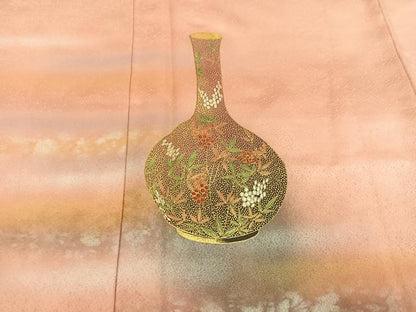 平和屋着物●人間国宝　福田喜三郎　訪問着　刺繍　陶器草花文　暈し染め　金銀彩　正絹　逸品　AABI8532ph