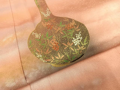 平和屋着物●人間国宝　福田喜三郎　訪問着　刺繍　陶器草花文　暈し染め　金銀彩　正絹　逸品　AABI8532ph