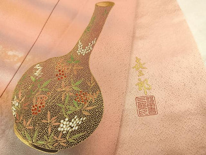 平和屋着物●人間国宝　福田喜三郎　訪問着　刺繍　陶器草花文　暈し染め　金銀彩　正絹　逸品　AABI8532ph