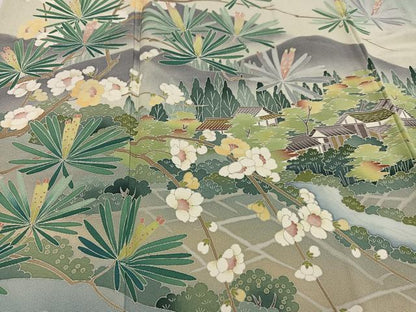 平和屋着物●訪問着　友禅　作家物　松竹梅風景文　正絹　逸品　AABI8543ph