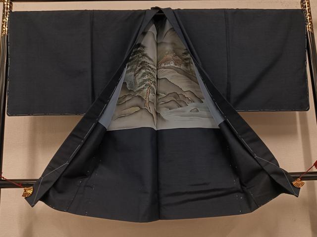 平和屋着物●男性　紬　アンサンブル　色無地　鉄御納戸色　キングサイズ　反端付き　正絹　逸品　未使用　AABI8551ph