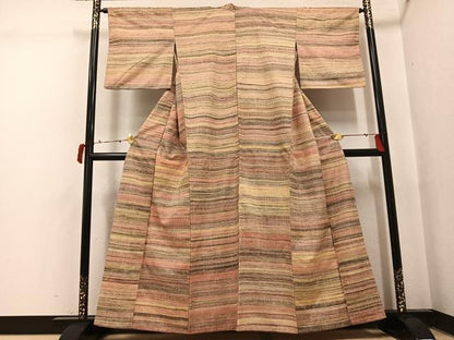 平和屋着物●上質な紬　横段文　正絹　逸品　AABI8552ph