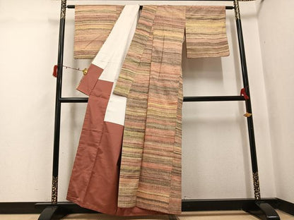 平和屋着物●上質な紬　横段文　正絹　逸品　AABI8552ph