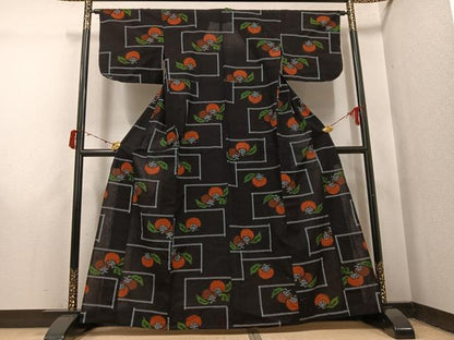 平和屋着物●久留米絣　単衣　柿　綿　逸品　AABI8559ph