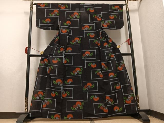 平和屋着物●久留米絣　単衣　柿　綿　逸品　AABI8559ph