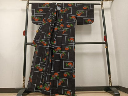 平和屋着物●久留米絣　単衣　柿　綿　逸品　AABI8559ph