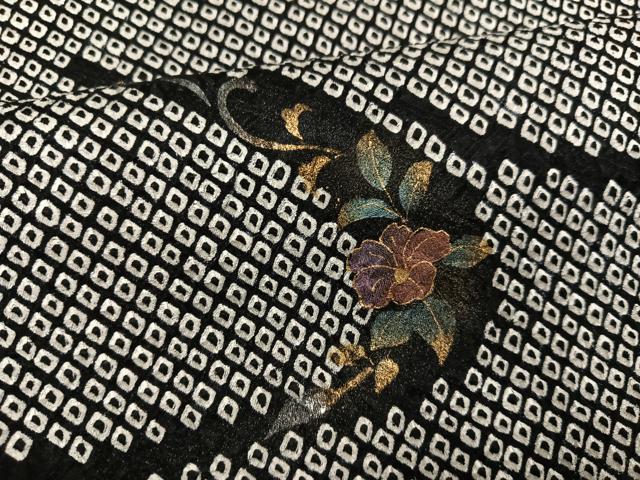 平和屋着物●訪問着　駒刺繍　総絞り　草花文　黒地　金彩　正絹　逸品　AABI8581ph