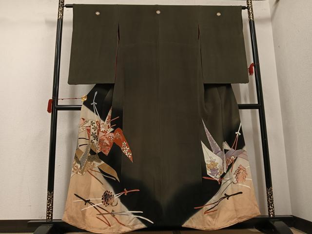 平和屋着物●アンティーク　大正ロマン　黒留袖　折鶴草花文　正絹　逸品　AABI8583ph