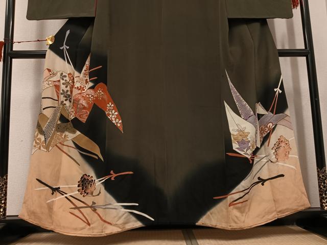 平和屋着物●アンティーク　大正ロマン　黒留袖　折鶴草花文　正絹　逸品　AABI8583ph