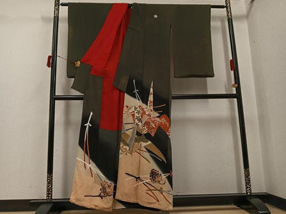 平和屋着物●アンティーク　大正ロマン　黒留袖　折鶴草花文　正絹　逸品　AABI8583ph