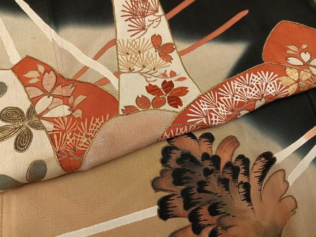 平和屋着物●アンティーク　大正ロマン　黒留袖　折鶴草花文　正絹　逸品　AABI8583ph