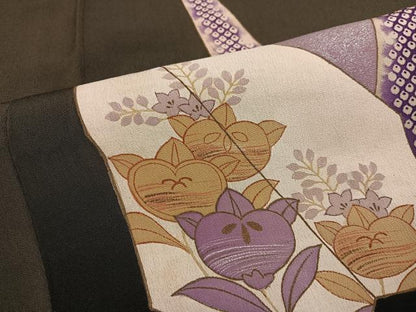 平和屋着物●アンティーク　大正ロマン　黒留袖　折鶴草花文　正絹　逸品　AABI8583ph