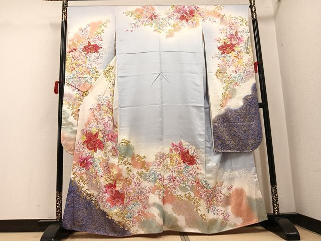 平和屋着物●紫綬褒章　巨匠『岩田専太郎』　振袖　駒刺繍　草花文　暈し染め　金彩　正絹　逸品　AABI8593ph