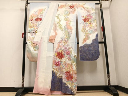 平和屋着物●紫綬褒章　巨匠『岩田専太郎』　振袖　駒刺繍　草花文　暈し染め　金彩　正絹　逸品　AABI8593ph