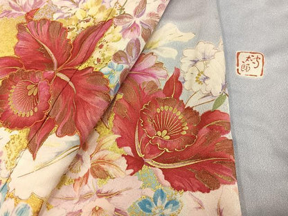 平和屋着物●紫綬褒章　巨匠『岩田専太郎』　振袖　駒刺繍　草花文　暈し染め　金彩　正絹　逸品　AABI8593ph