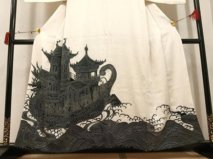 平和屋着物●豪華色留袖　人物立波風景文　銀彩　正絹　逸品　AABI8595ph