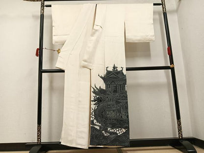 平和屋着物●豪華色留袖　人物立波風景文　銀彩　正絹　逸品　AABI8595ph